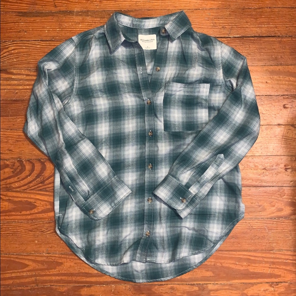 Abercrombie Green and Cream Button Down Plaid Flannel